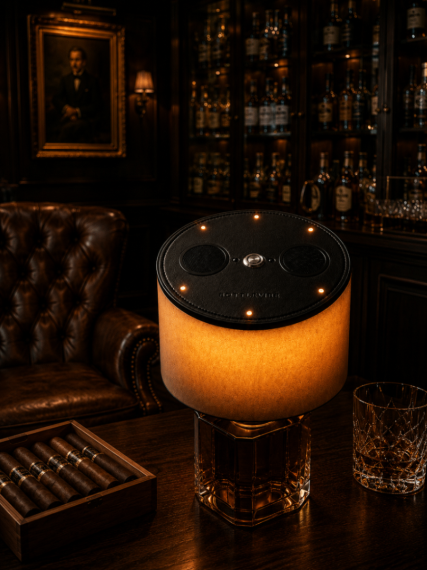 BottleVibe Audio — top-down view of black leather top with dual speakers and amber LED dots